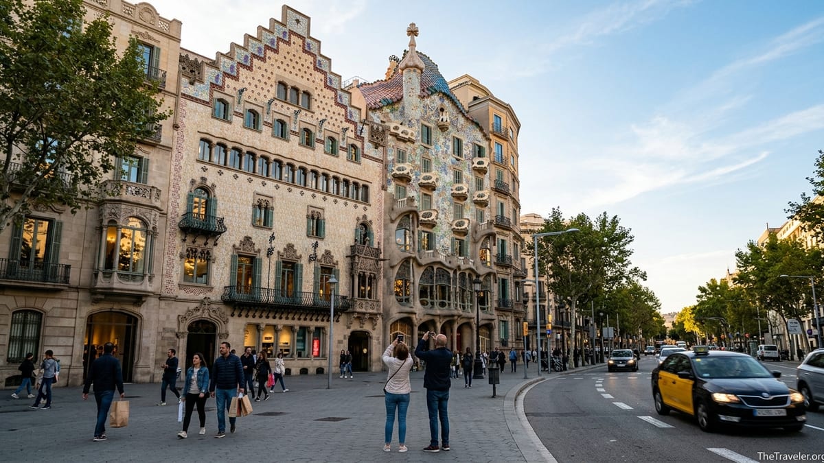 Casa Batlló’s colorful dragon-like façade on Passeig de Gràcia at golden hour in Barcelona.