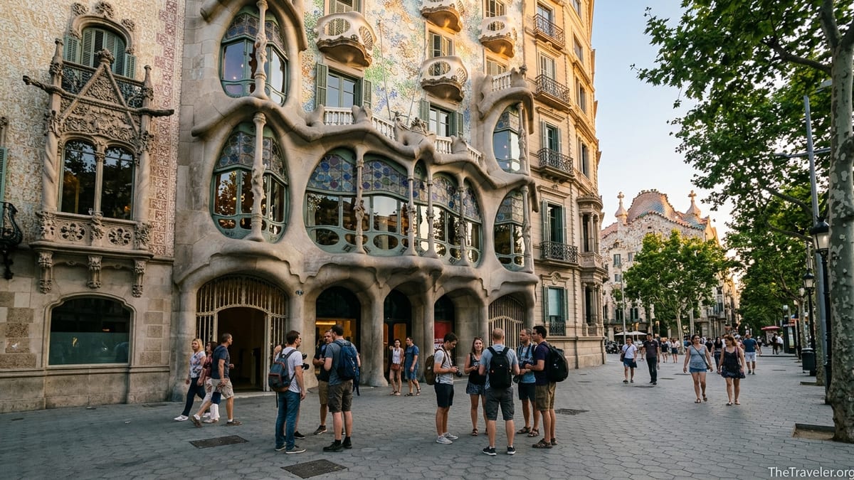 Travelers queue outside Casa Batlló on Passeig de Gràcia in warm late afternoon light.