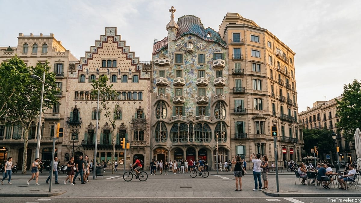 Street view of Casa Batlló’s colorful dragon-backed facade in Barcelona at golden hour.