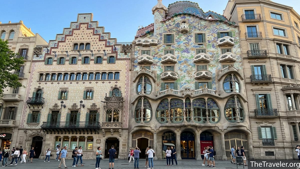 Casa Batlló’s dragon-like roof and bone-like balconies seen from Passeig de Gràcia in Barcelona.