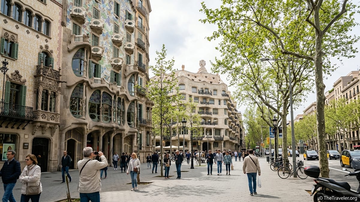 View of Casa Batlló and Casa Milà on Passeig de Gràcia with pedestrians and trees in Barcelona.