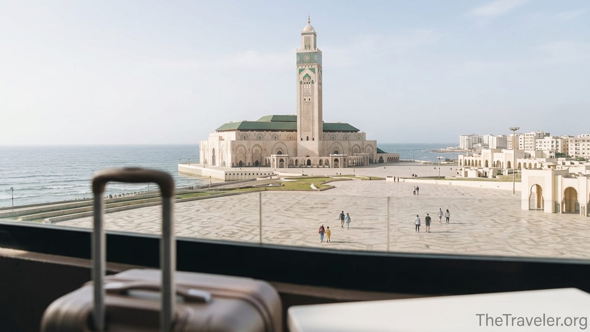 View of Casablanca’s Hassan II Mosque and Atlantic Ocean under hazy blue sky
