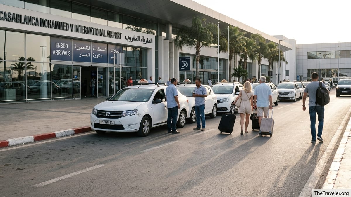 Travelers walking to white taxis outside Casablanca Mohammed V Airport arrivals at sunset.