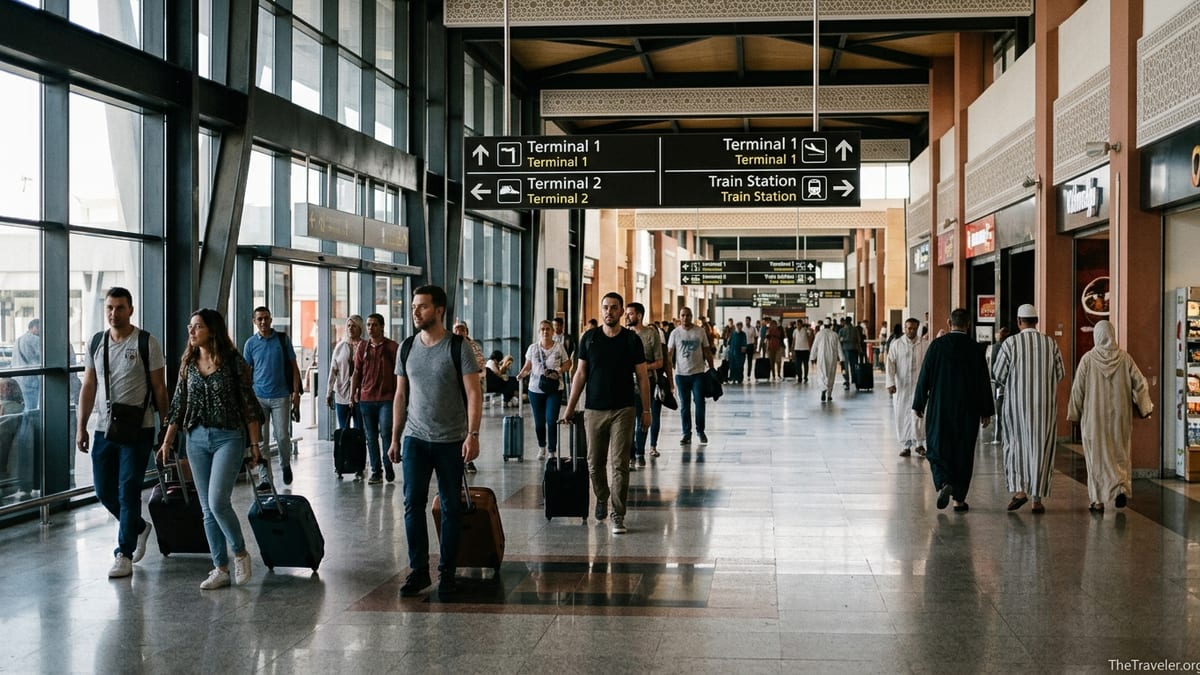 Travelers walking between Terminal 1 and Terminal 2 inside Casablanca Mohammed V Airport.