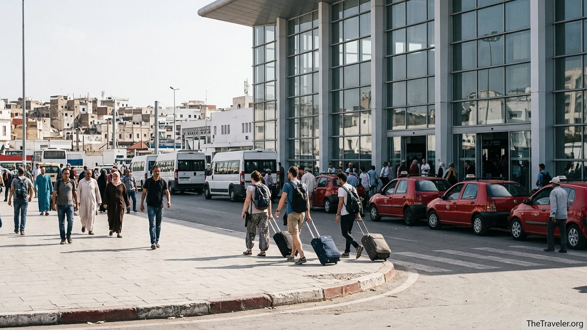Travelers with luggage outside Casa Port train station in downtown Casablanca.