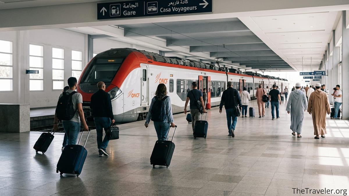 Passengers with luggage boarding the ONCF train at Casablanca Airport station toward Casa Voyageurs