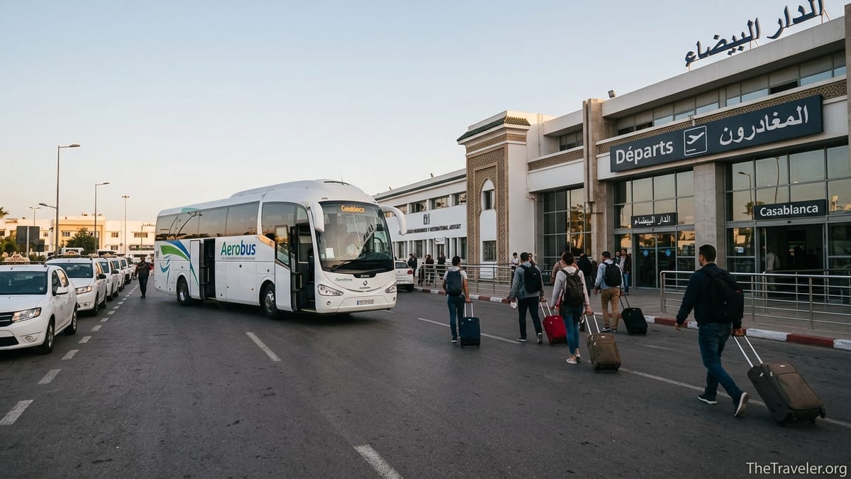 Travelers outside Casablanca Mohammed V Airport choosing between Aerobus and taxis at the curbside.