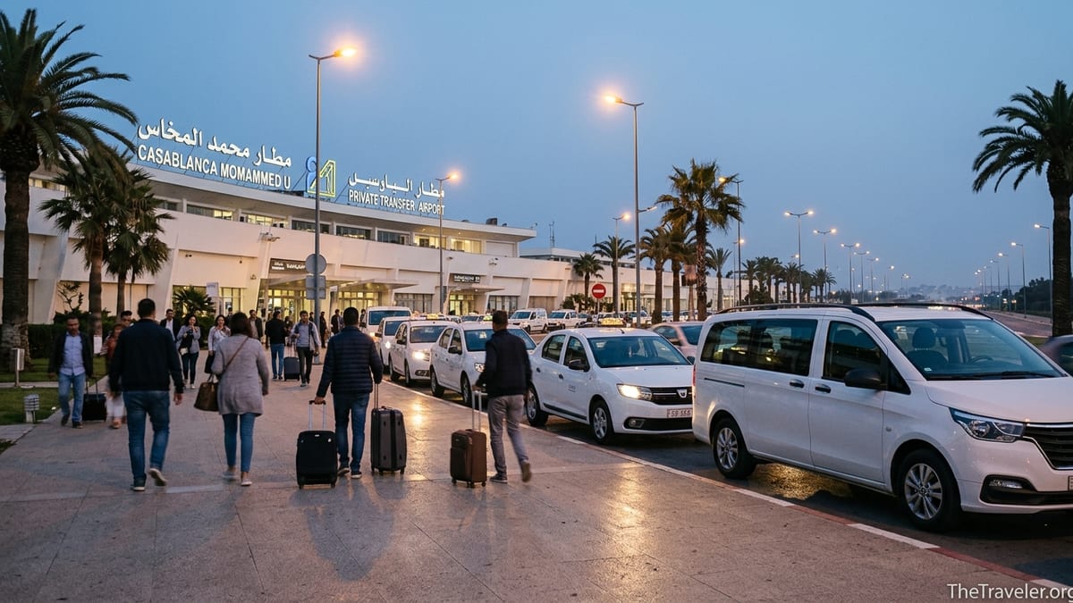 Travelers with luggage exiting Casablanca Airport toward taxis and a private van at dusk.