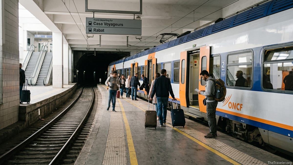 Passengers boarding the airport train at Casablanca Mohammed V station for onward travel to Rabat.