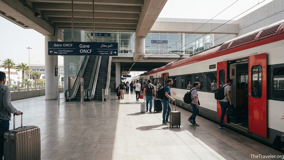 Passengers with luggage boarding an ONCF train at Casablanca Mohammed V Airport station beneath Terminal 1.