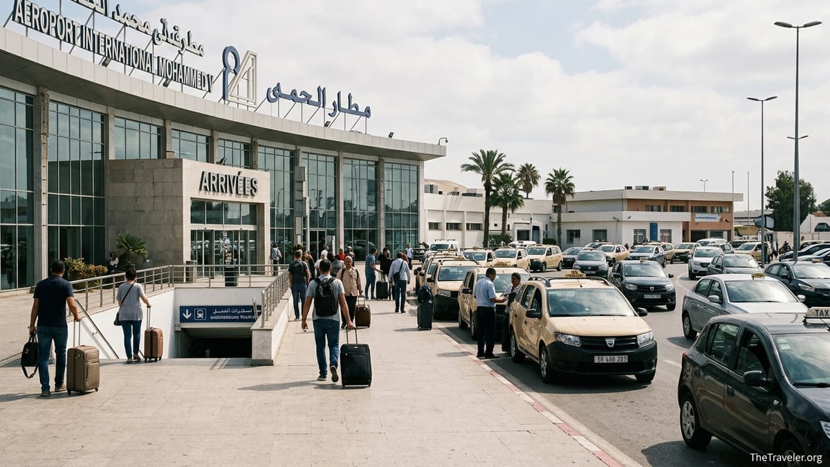 Travelers queuing for taxis outside Casablanca Mohammed V Airport arrivals on a sunny day.