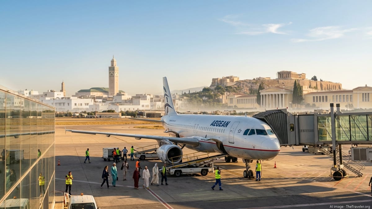 Aegean Airlines jet at Casablanca airport at sunset with city skylines hinting at both Morocco and Greece.