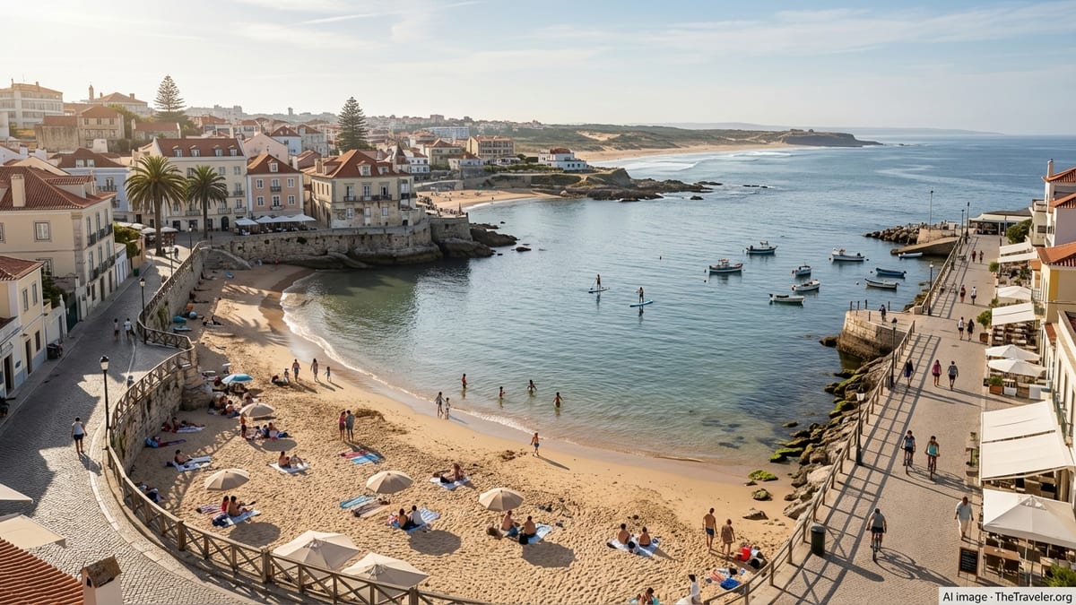 Late afternoon view of Cascais coastline in Portugal with beaches, townhouses, and people.