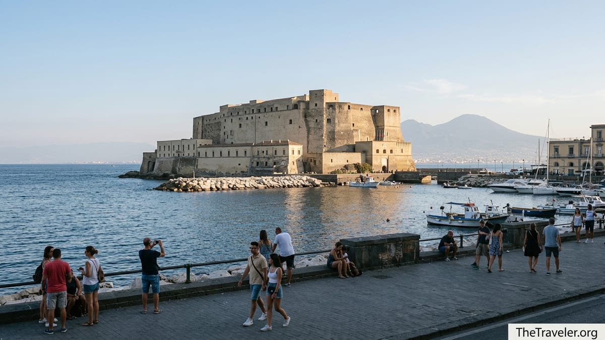Castel dell’Ovo on the Naples waterfront with people walking along the seafront promenade.