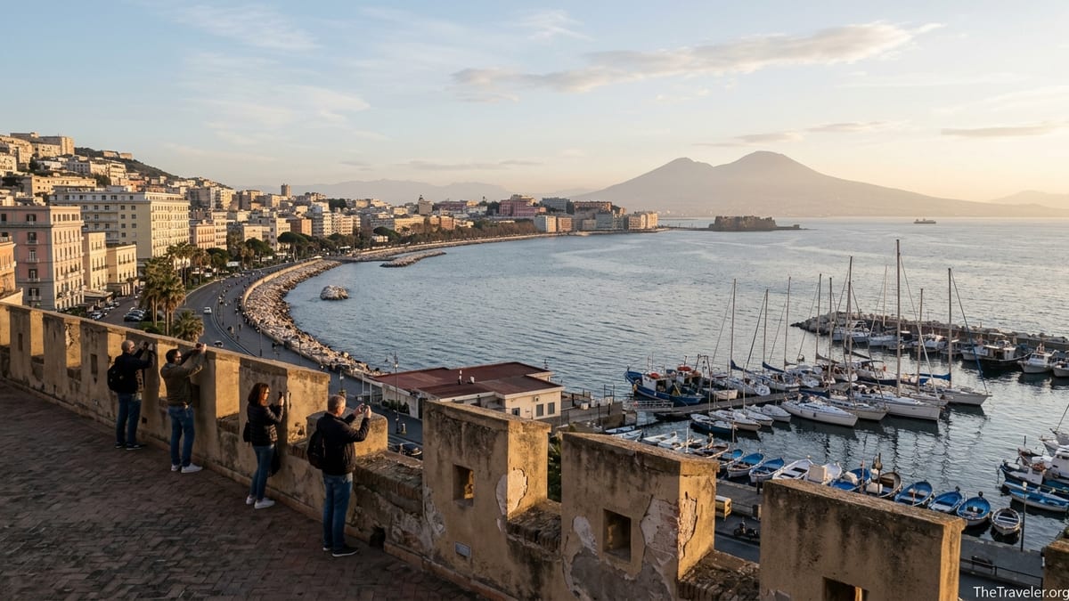 View from Castel dell’Ovo over Naples’ waterfront, Borgo Marinari marina and Mount Vesuvius at late afternoon.