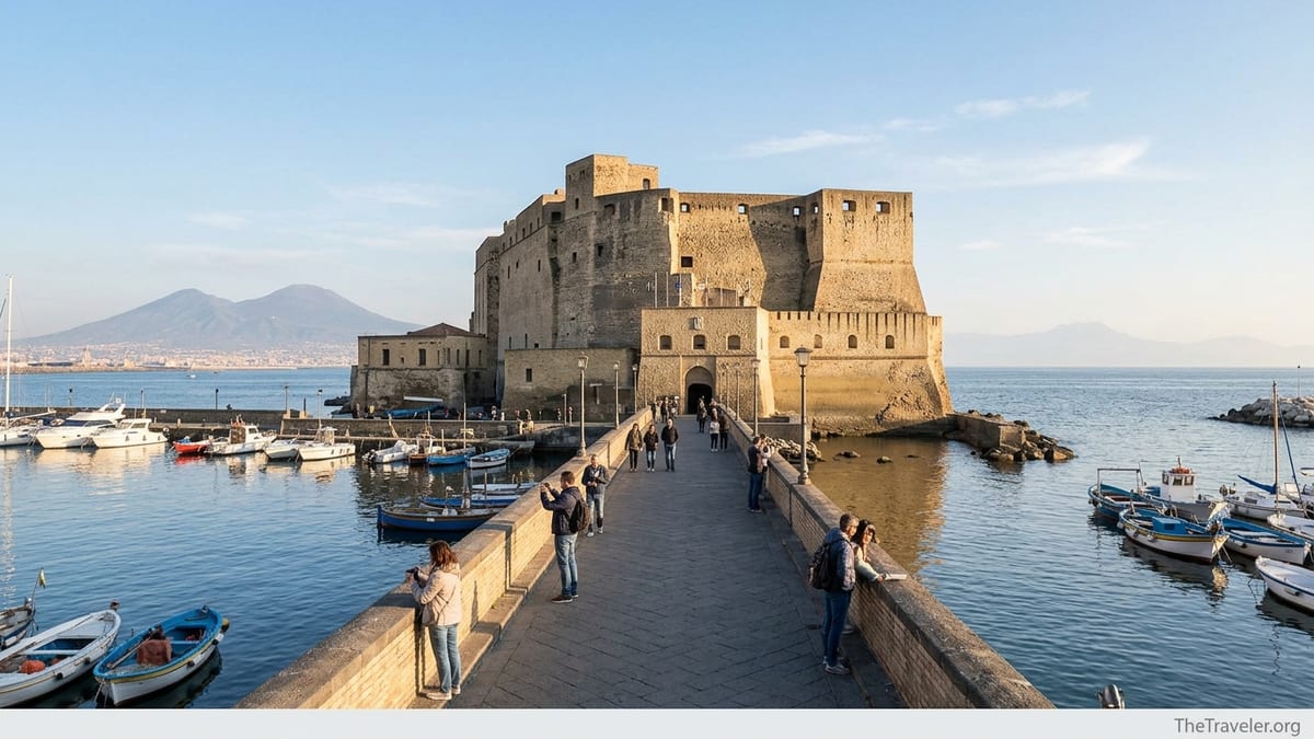 Castel dell’Ovo above the marina in Naples with Vesuvius in the distance on a clear afternoon.