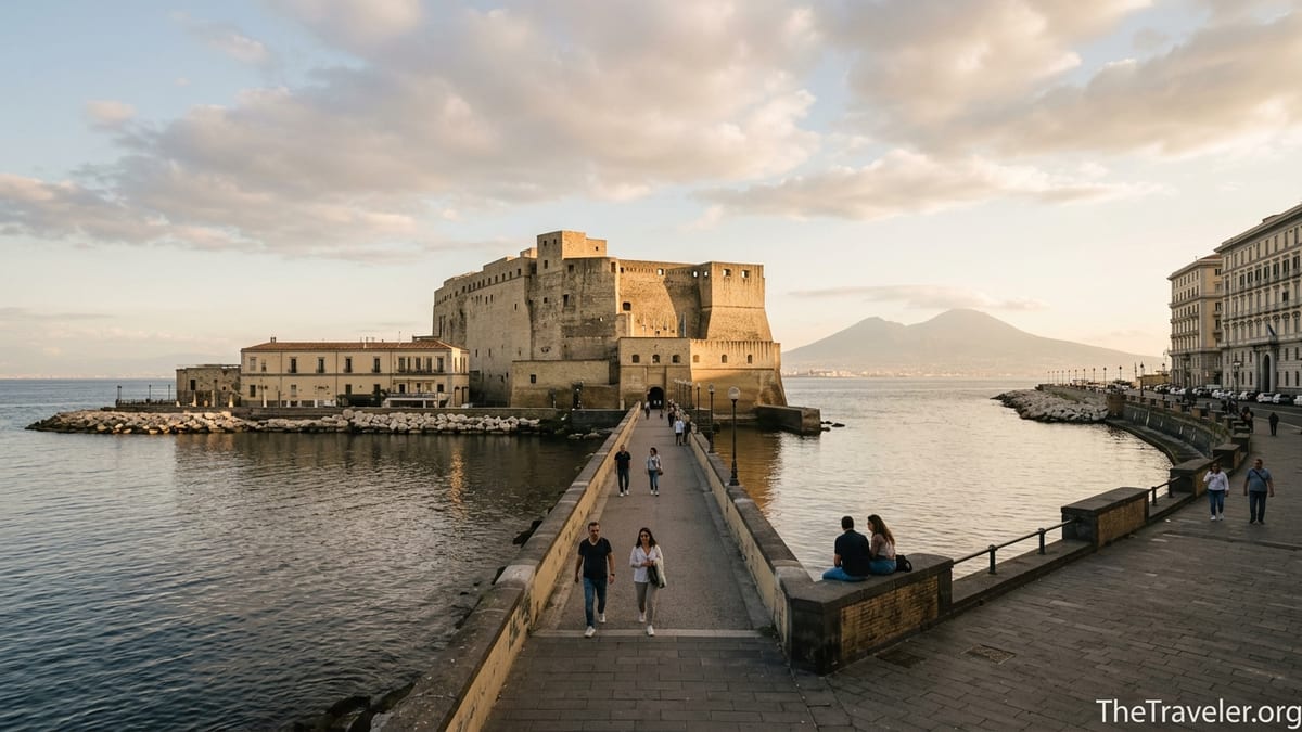 Castel dell’Ovo in Naples viewed from the seafront promenade at golden hour with calm bay and people strolling.