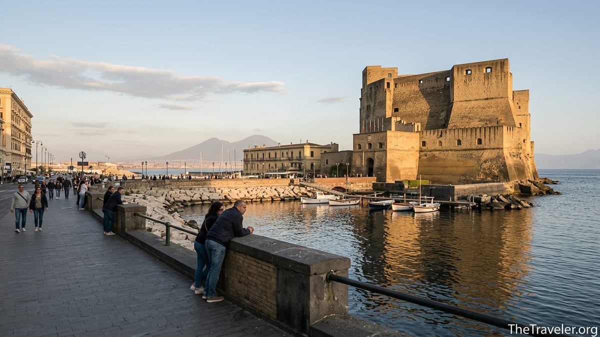 Castel dell’Ovo on the Naples waterfront at sunset with Vesuvius in the background.