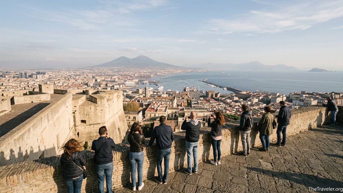 Travelers on Castel Sant’Elmo ramparts overlooking Naples and Mount Vesuvius on a clear afternoon.