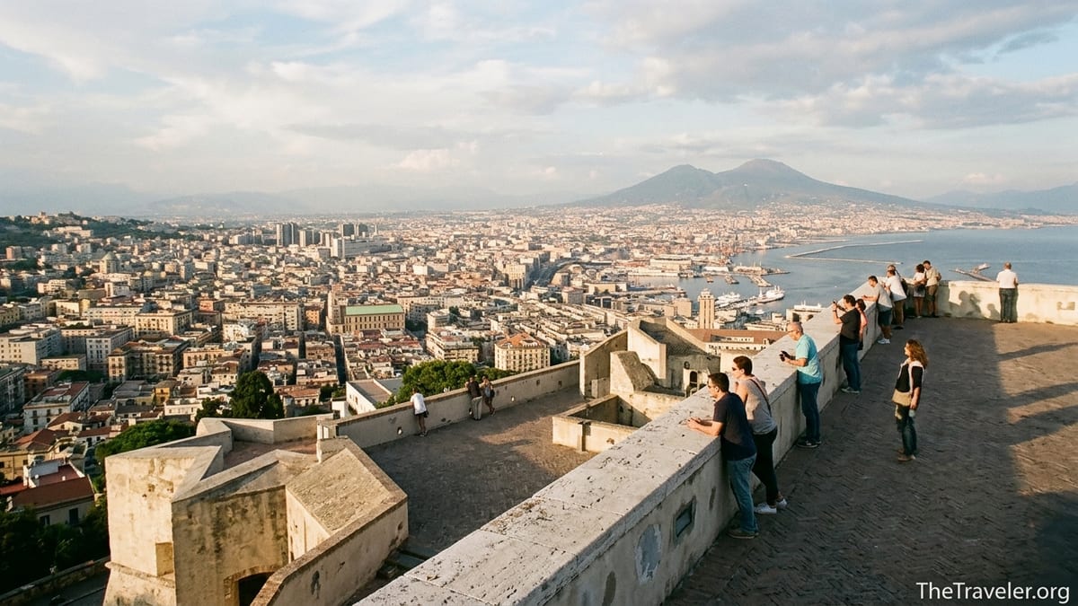 View from Castel Sant’Elmo over Naples and the Bay of Naples with Vesuvius.