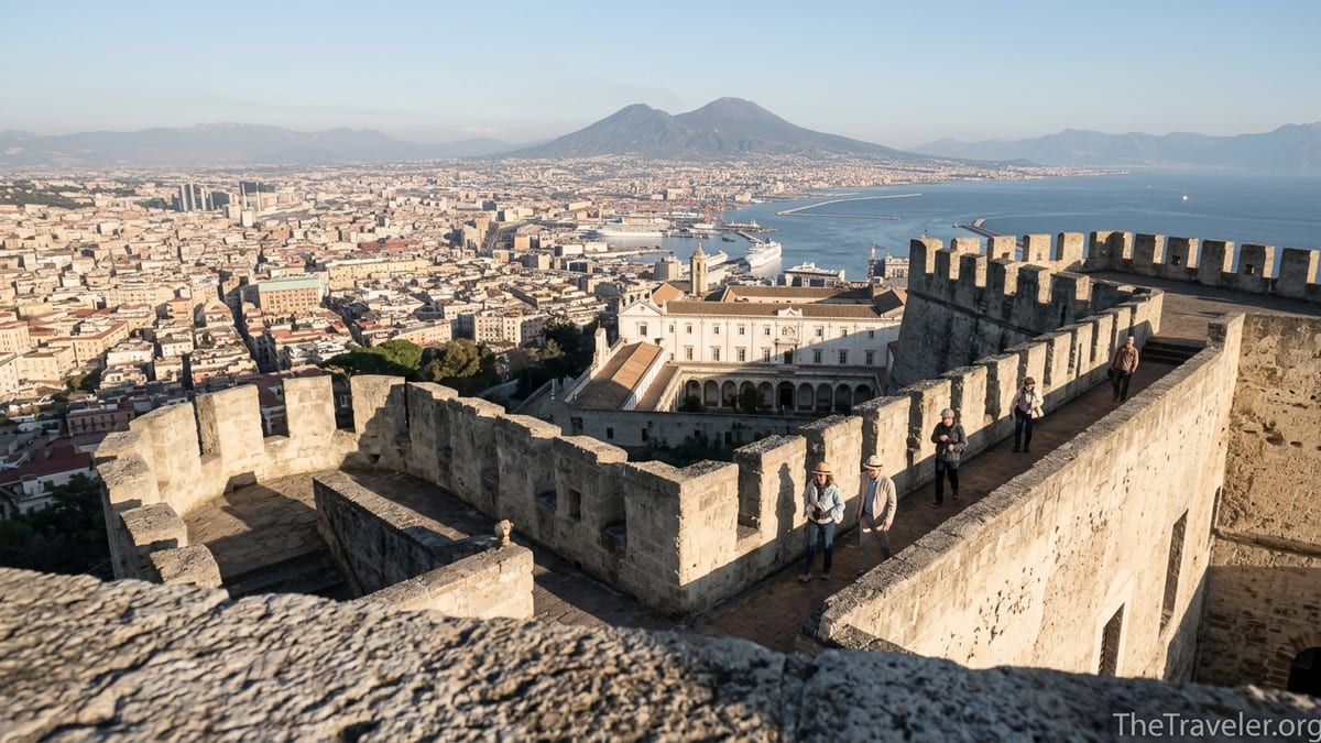 View from Castel Sant’Elmo ramparts over Naples and the Bay of Naples toward Mount Vesuvius.