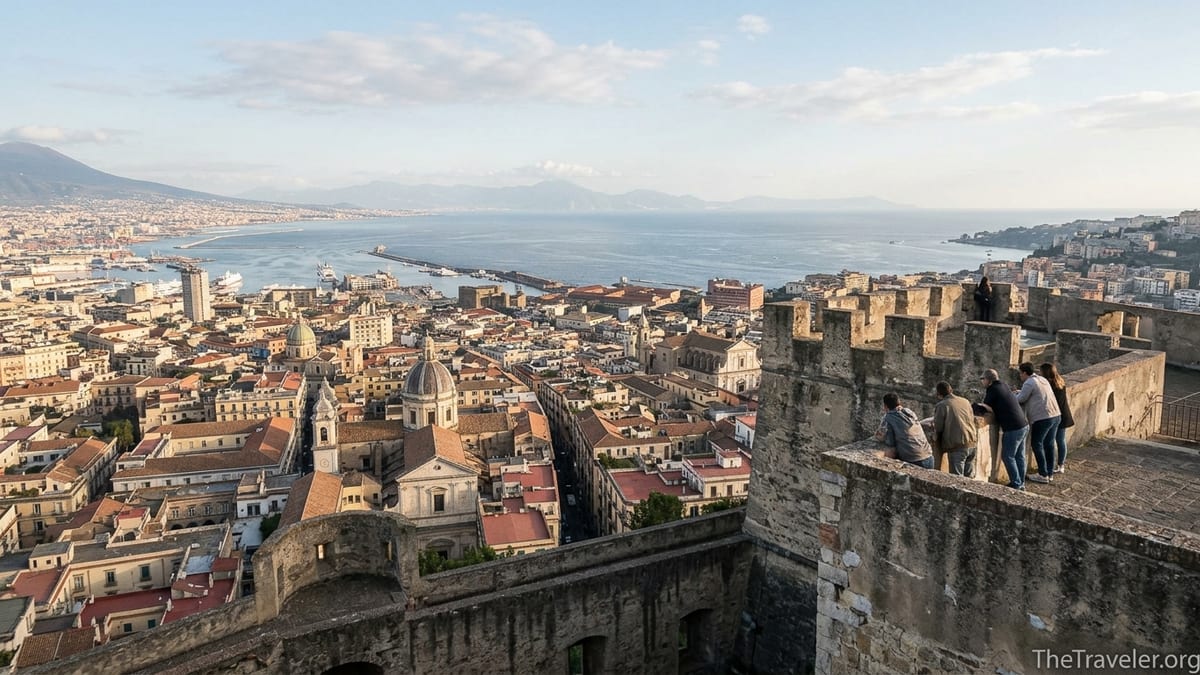 View over Naples and Mount Vesuvius from the ramparts of Castel Sant’Elmo at sunset.