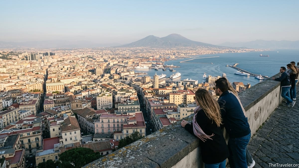 View over Naples and Vesuvius from the ramparts of Castel Sant’Elmo on Vomero Hill.