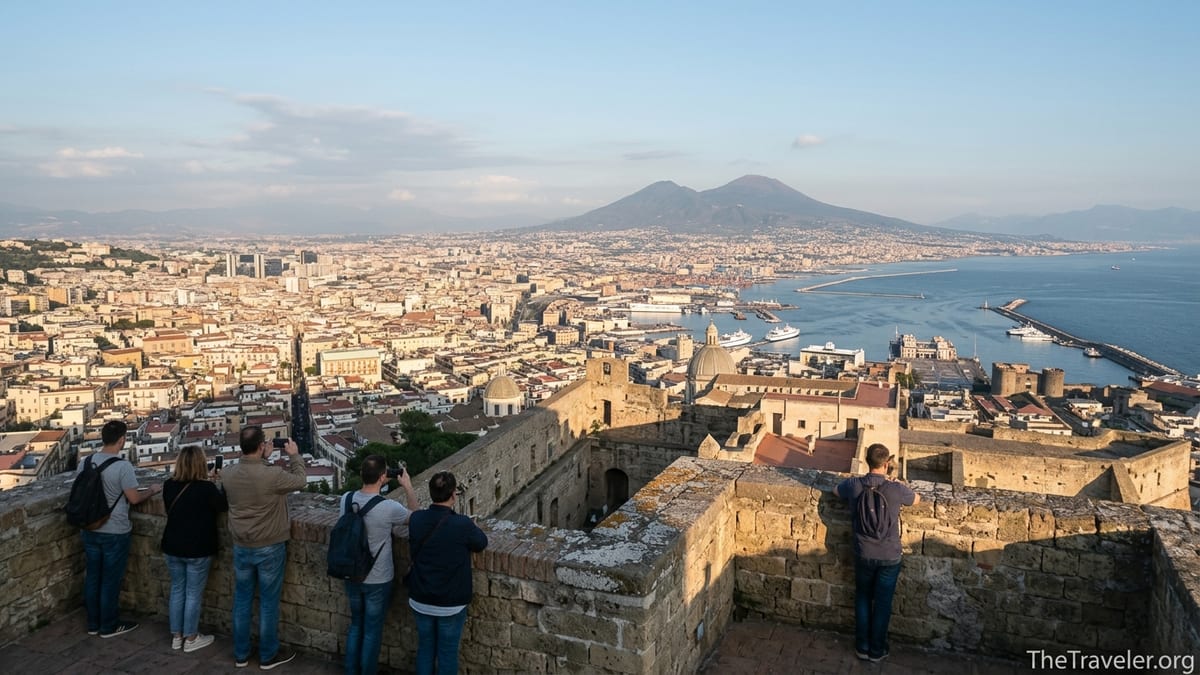 Panoramic view of Naples and Mount Vesuvius from the stone terraces of Castel Sant’Elmo at sunset.