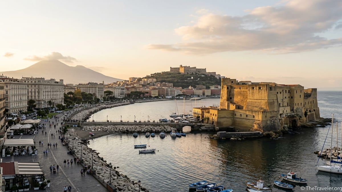 View of Castel dell’Ovo on the Naples waterfront with Castel Sant’Elmo visible on the hill above the city.