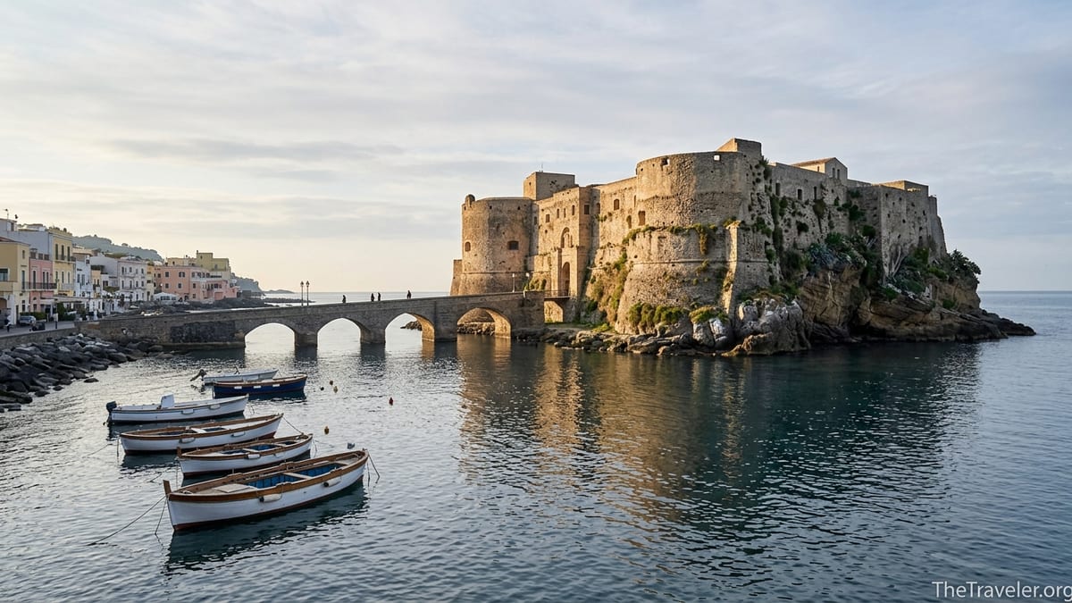 Castello Aragonese on its rocky islet off Ischia, linked by a stone bridge at sunrise.