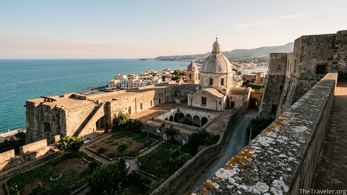 View from Castello Aragonese over stone terraces, church domes and Ischia Ponte above the turquoise sea.