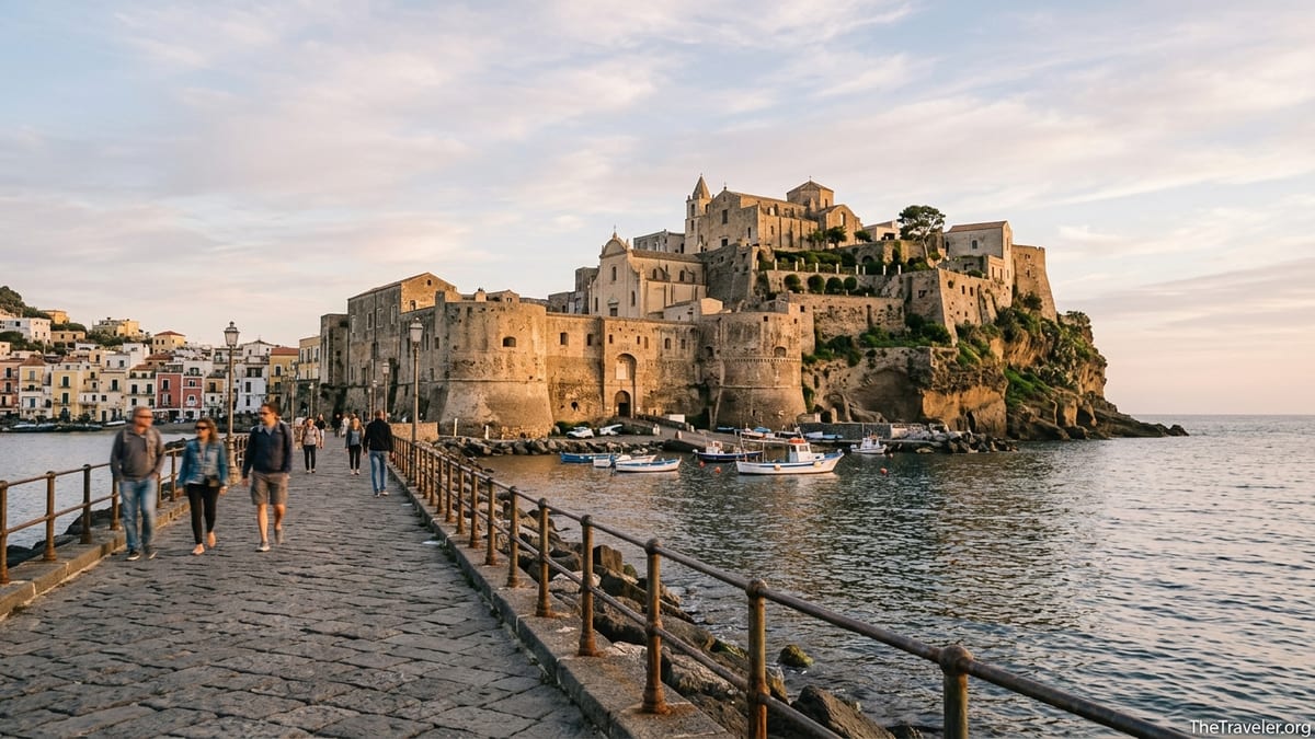 Castello Aragonese in Ischia rising from the sea, seen from the stone causeway at golden hour.
