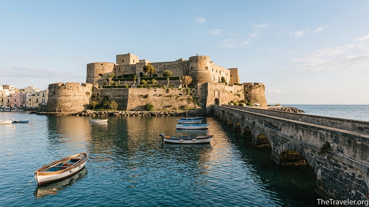 Castello Aragonese on its rocky islet off Ischia, linked by a stone bridge in late afternoon light.