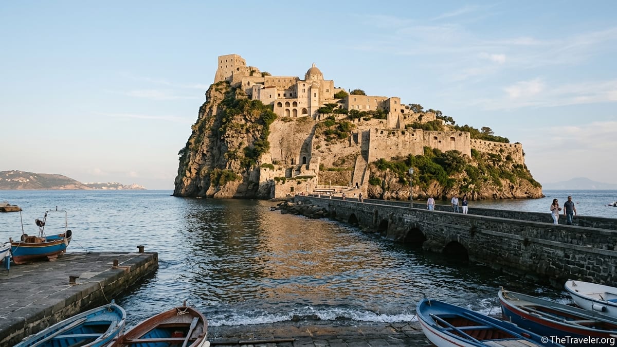 Castello Aragonese rising from a rocky islet off Ischia, linked by a stone bridge, seen from the harbor at Ischia Ponte.