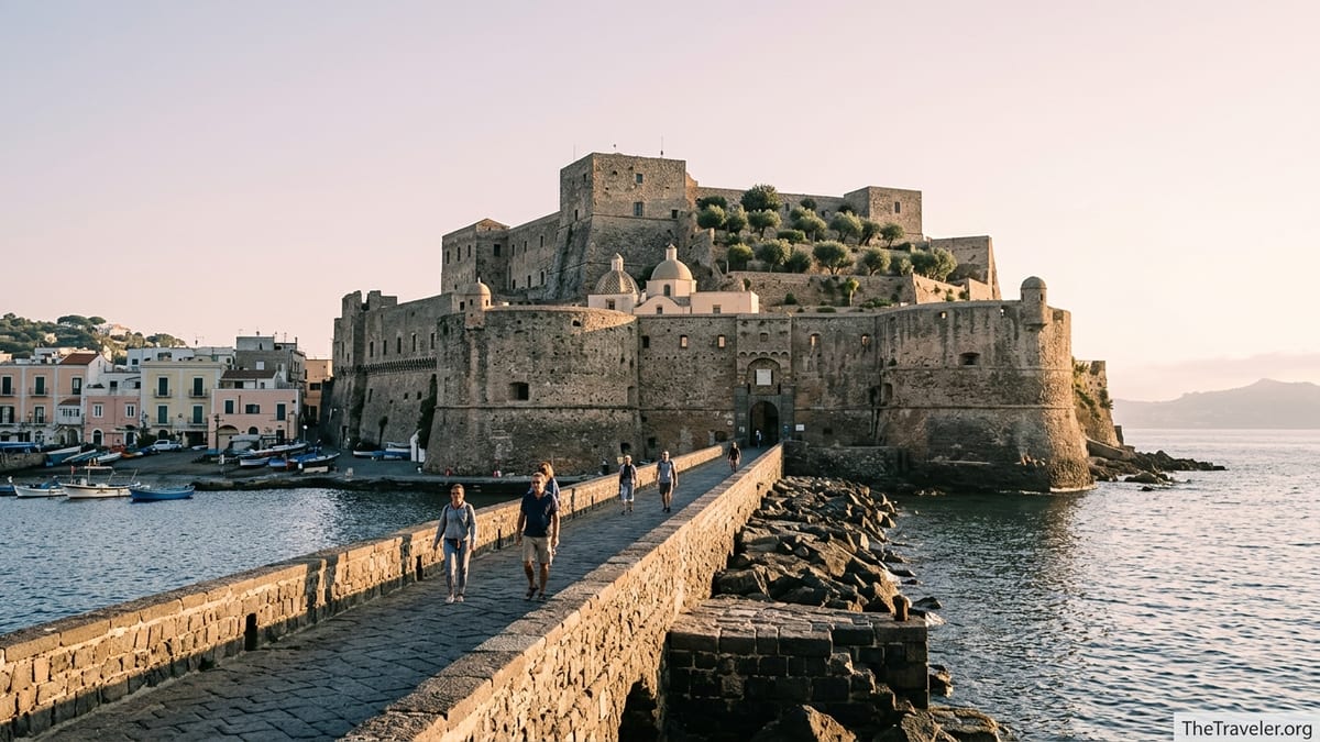 Sunrise view of Castello Aragonese in Ischia from the stone bridge at Ischia Ponte.
