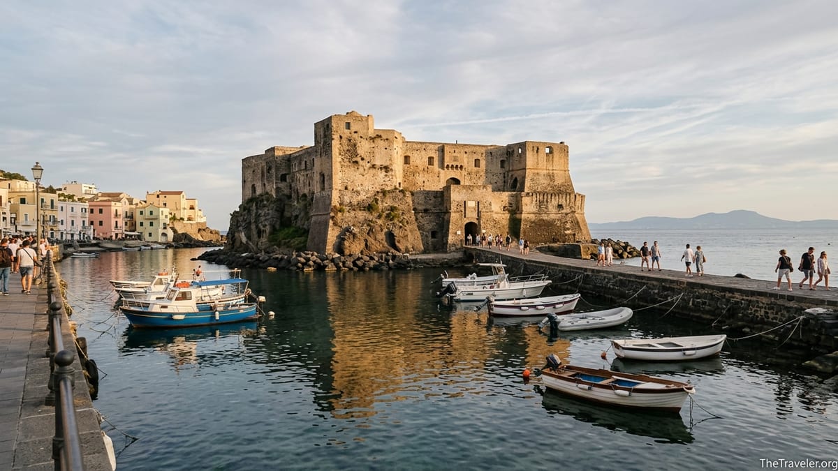 Castello Aragonese on its rocky islet near Ischia, seen from the waterfront at golden hour.