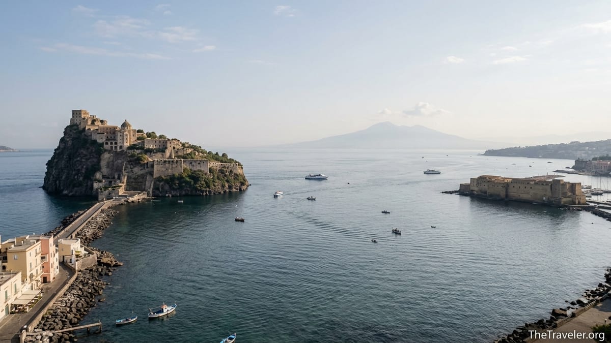 View across the Gulf of Naples toward Castello Aragonese and Castel dell’Ovo under soft afternoon light.