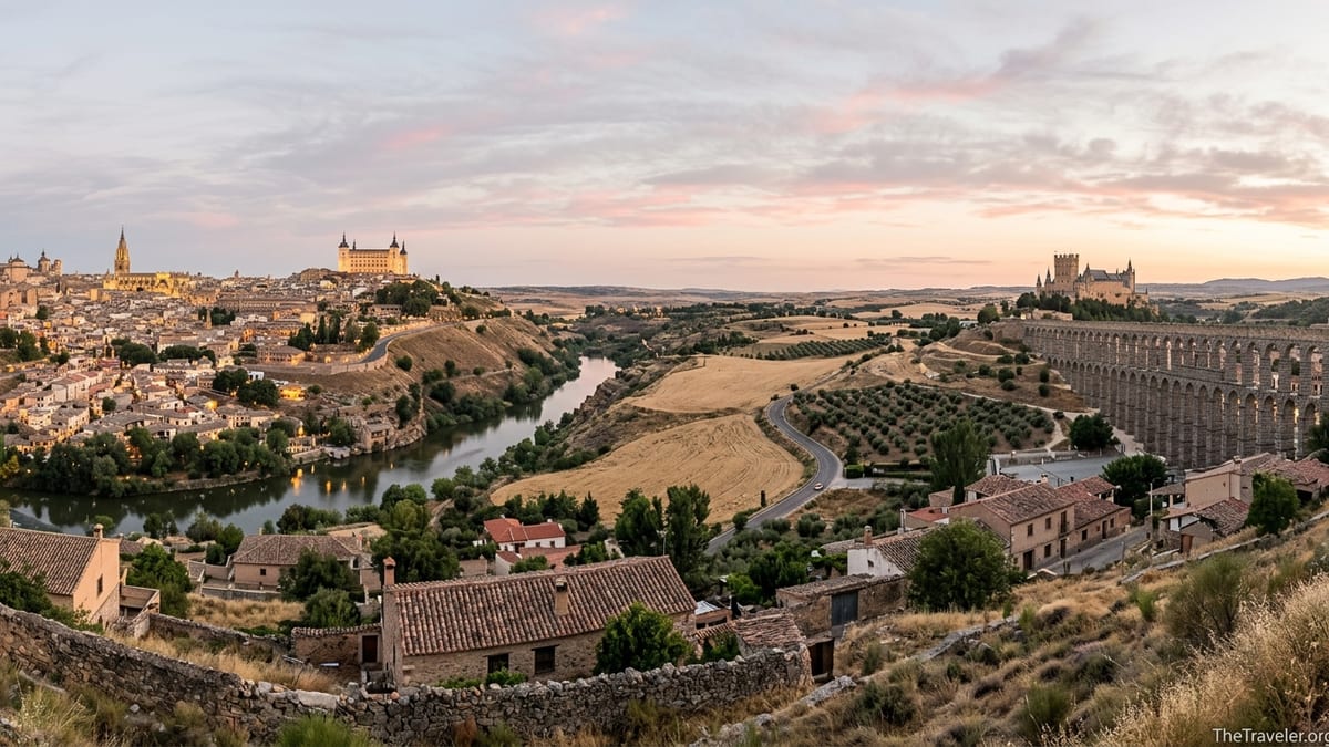 Panoramic view of Toledo and a Segovia-like aqueduct at sunset across rolling central Spanish countryside.