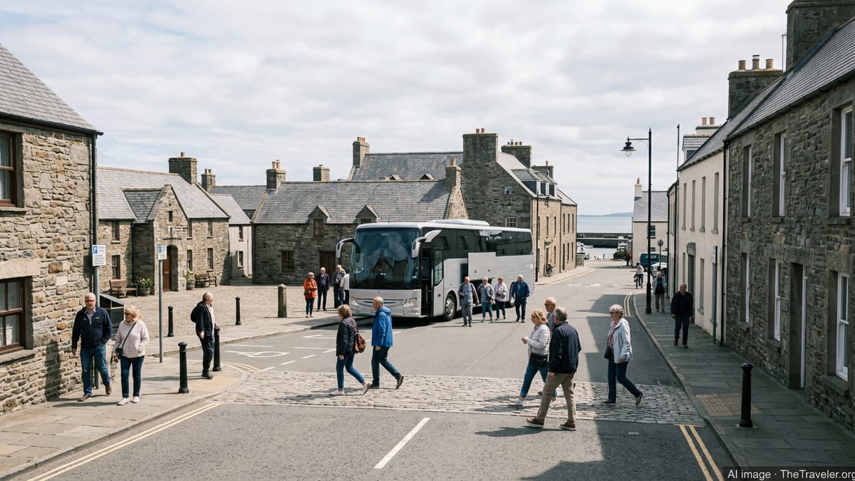 Coach unloading cruise visitors near Castletown’s historic Market Square and Castle Rushen on the Isle of Man.