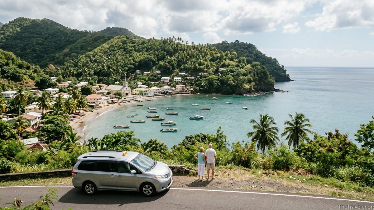 View from the coastal road toward Anse La Raye bay with taxis and cruise visitors in Saint Lucia.