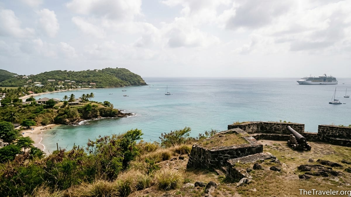 View from Fort Rodney on Pigeon Island overlooking Rodney Bay and a distant cruise ship near Castries.