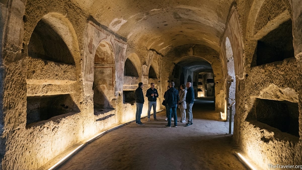 Guided group walking through the illuminated stone corridors of the Catacombs of San Gennaro in Naples.