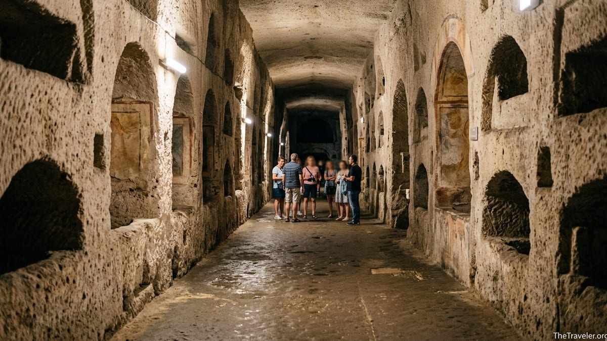 Visitors walk through a softly lit stone corridor in the Catacombs of San Gennaro in Naples.