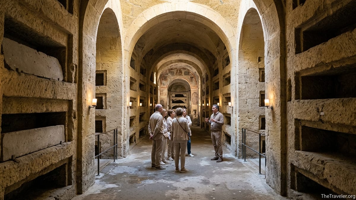 Visitors gather at the entrance to the Catacombs of San Gennaro beneath a basilica in Naples.