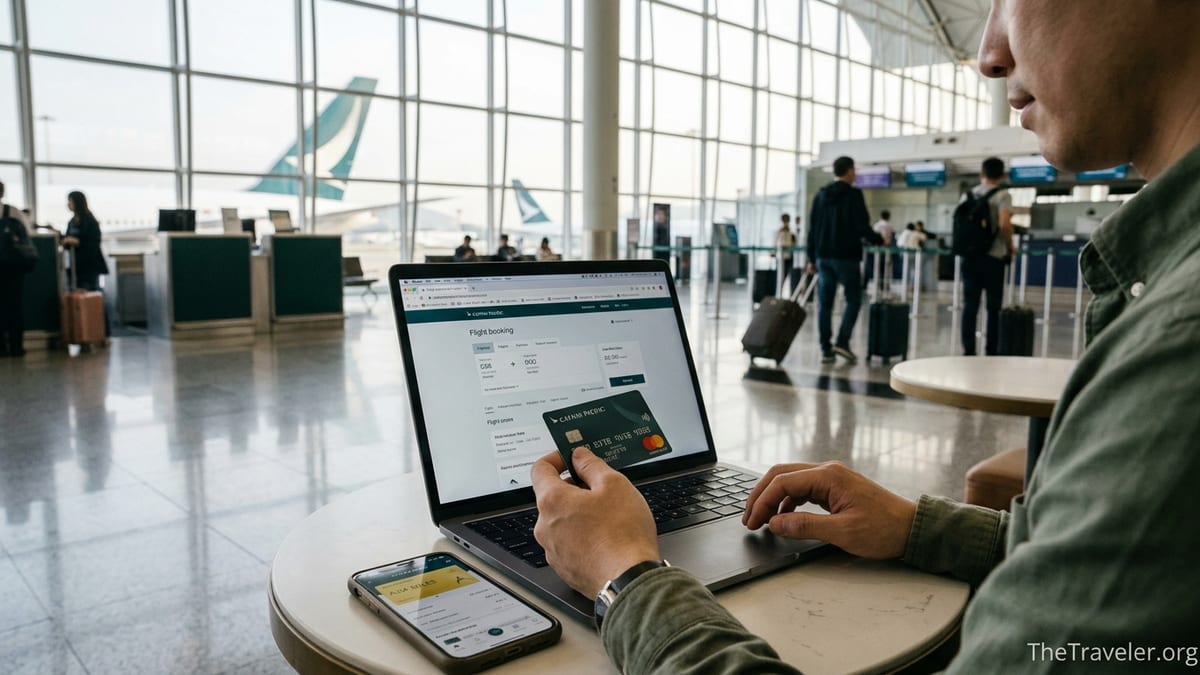Traveler at Hong Kong airport using a Cathay Pacific credit card and app to manage Asia Miles before a flight.