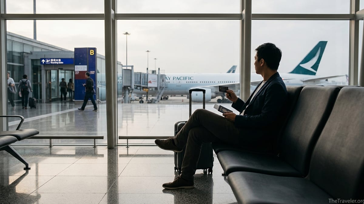 Traveler holding a credit card at Hong Kong airport, looking at a Cathay Pacific jet at the gate.