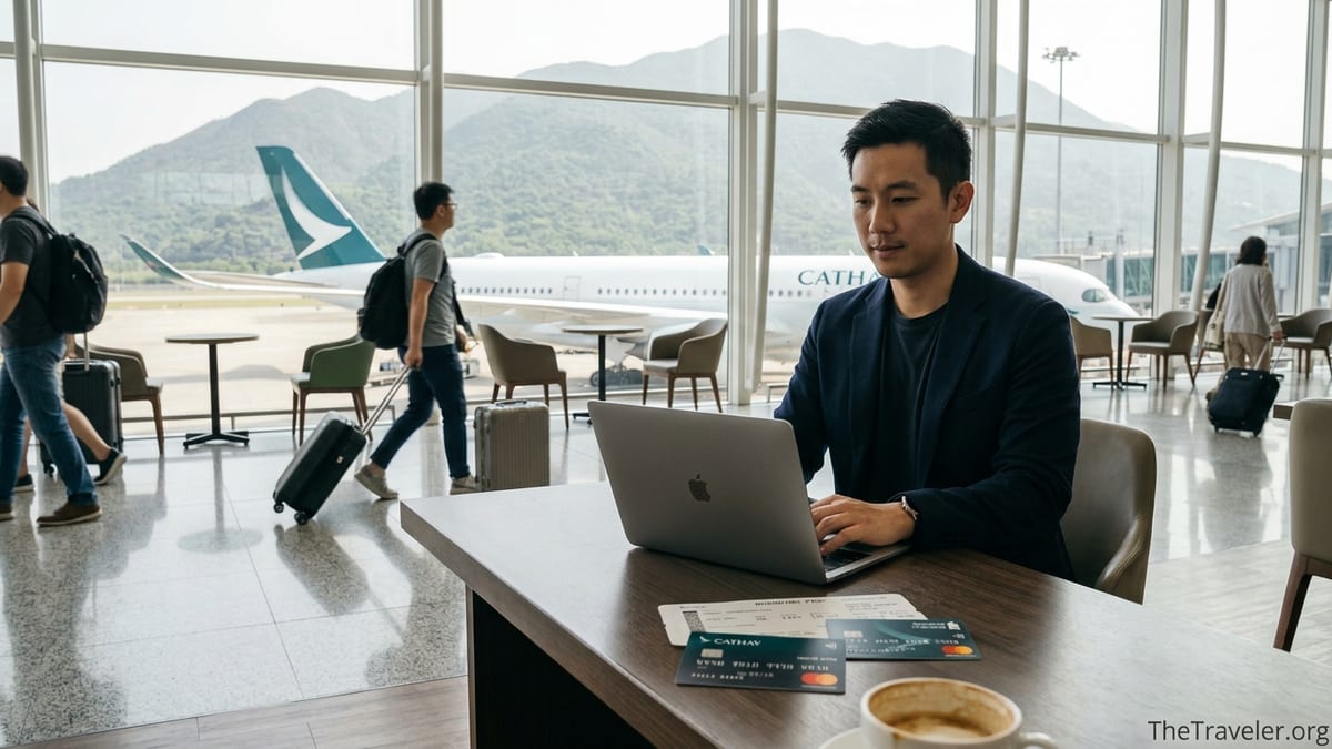 Traveler at Hong Kong airport using Cathay credit cards beside a Cathay Pacific jet at the gate.