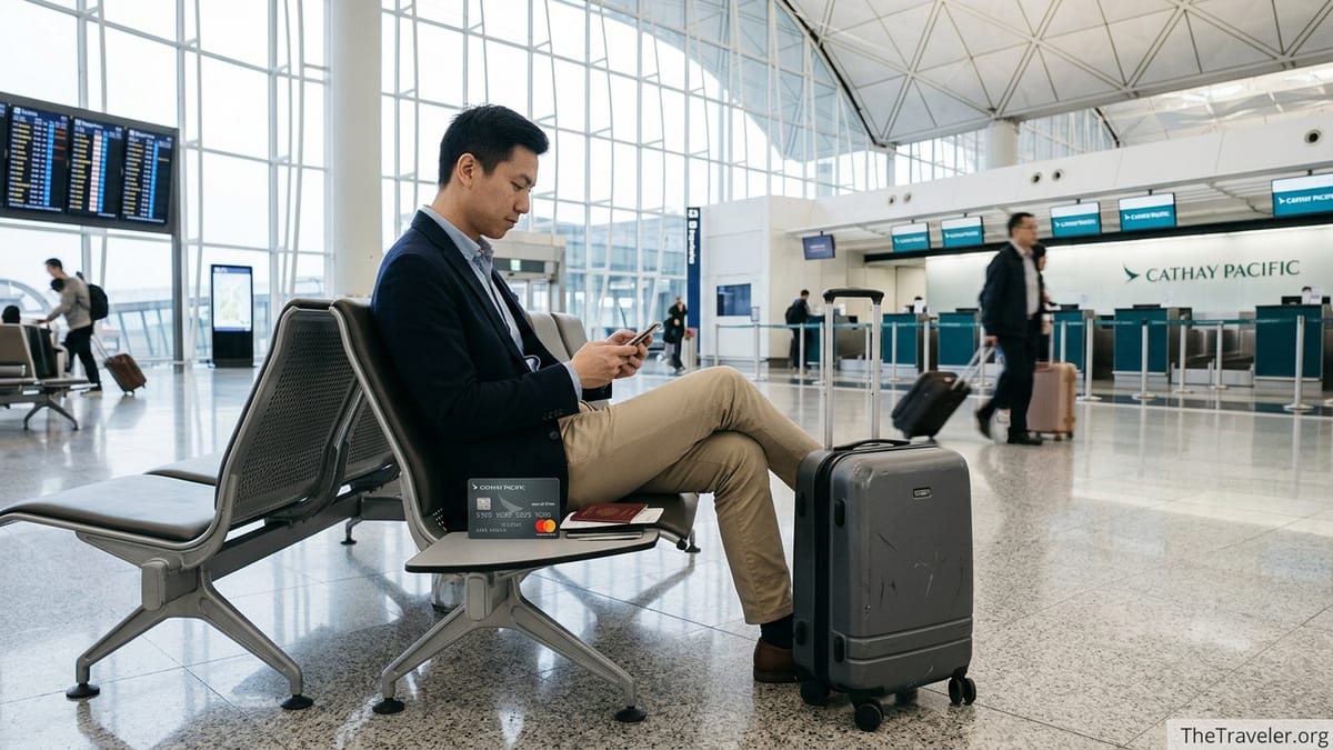 Traveler at Hong Kong airport checking phone with Cathay Pacific credit card and carry-on bag.