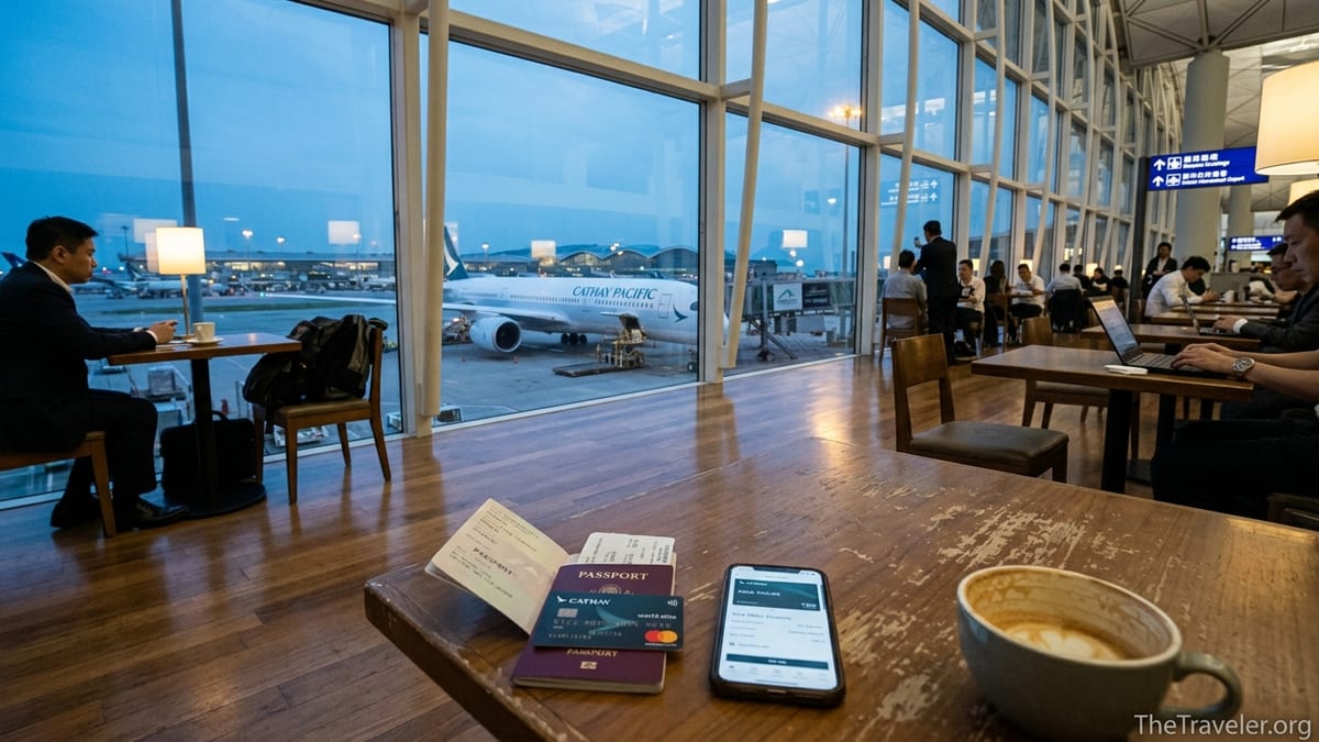 Cathay credit card and passport on an airport lounge table with Cathay jet outside window.