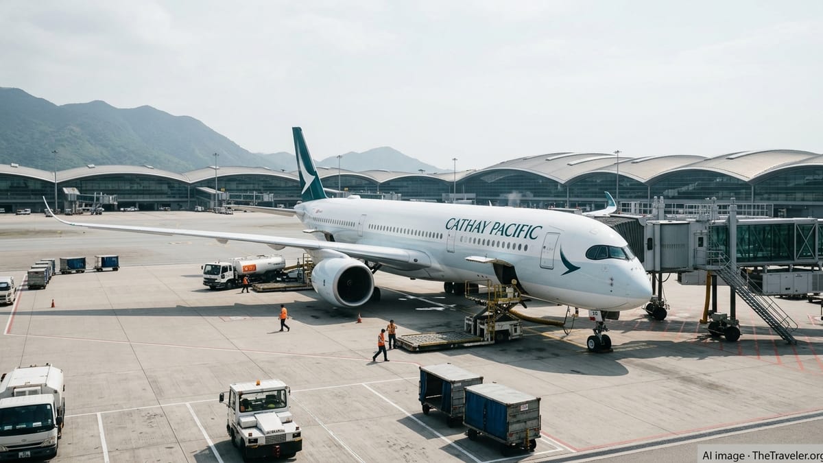 Cathay Pacific Airbus A350-900 at a Seattle-Tacoma Airport gate at dusk.